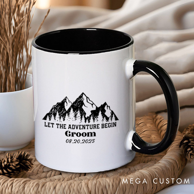 Personalized Rustic Line Mountains Let The Adventure Begin Bride and Groom Matching Wedding Couple Mugs