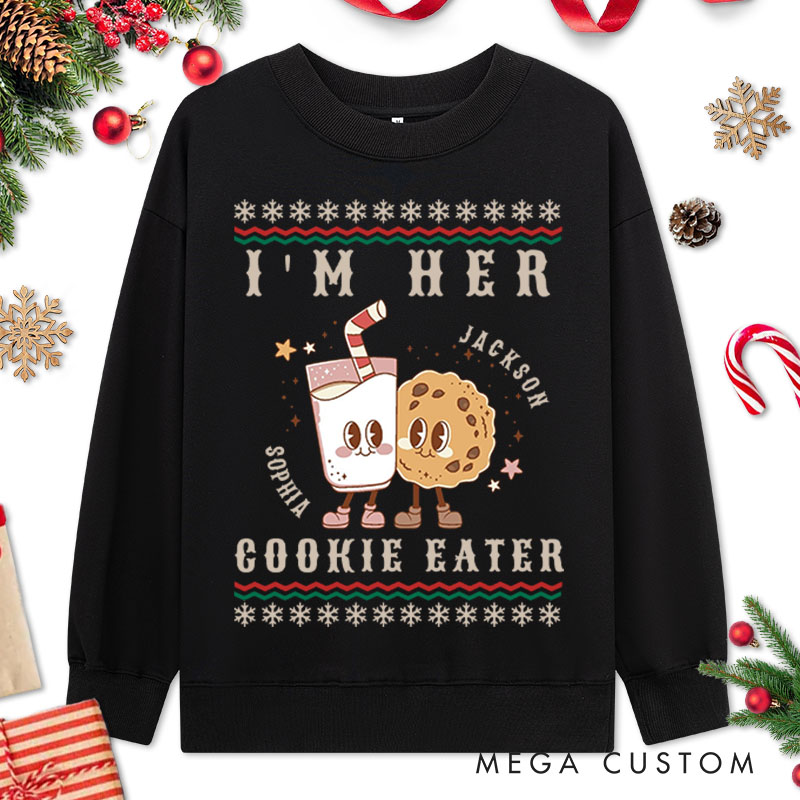 Personalized Couple I'm Her Cookie Eater Christmas Sweatshirt Couple I’m His Milk Drinker Matching Sweatshirt for Husband Wife Boyfriend Girlfriend