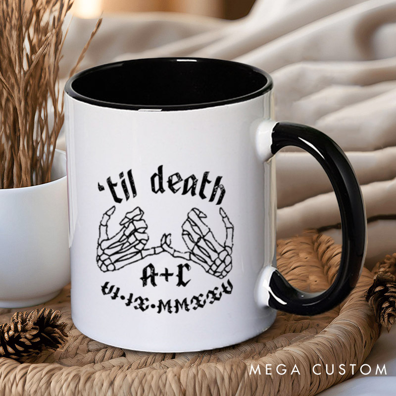 Personalized Til Death Skeleton Finger Hooks with Initials and Dates Matching Wedding Couple Mugs