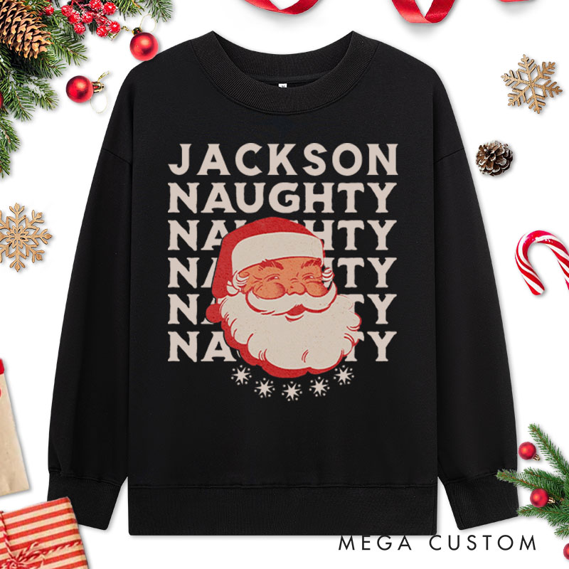 Personalized Couple Naughty and Nice with Santa Christmas Sweatshirt Couple Xmas Matching Crewneck Sweatshirt for Husband Wife Boyfriend Girlfriend