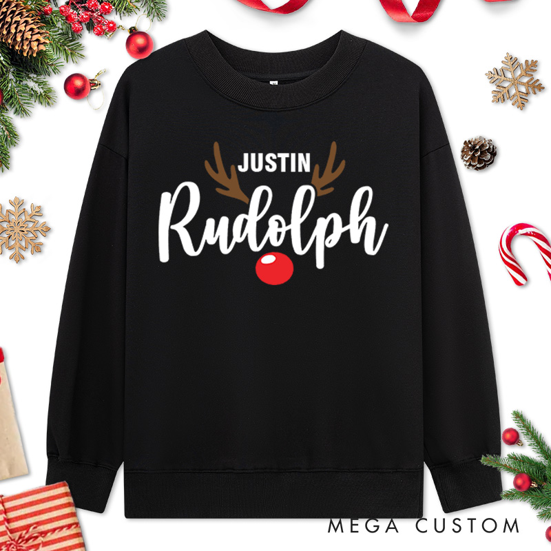 Personalized Couple Rudolph and Most Likely to Try and Ride Rudolph Christmas Sweatshirt Xmas Antler Sweatshirt for Husband Wife Boyfriend Girlfriend