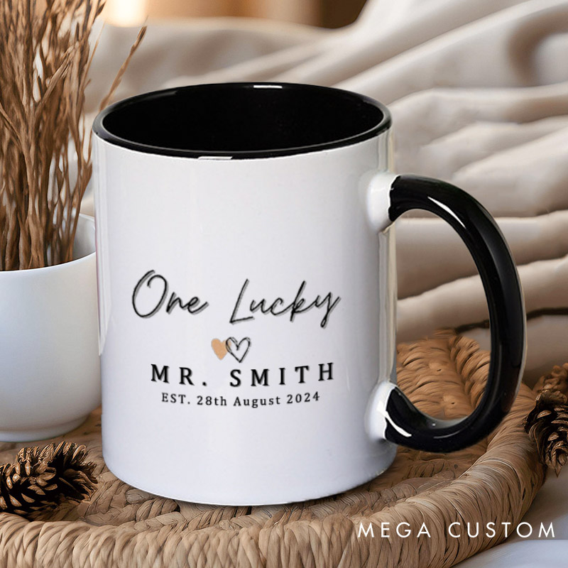 Personalized Romantic Soon To Be Mrs and One Lucky Mr with Hearts Matching Engagement Couple Mugs