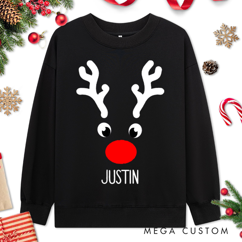 Personalized Couple Cute Christmas Reindeer Matching Sweatshirt with Name Couple Xmas Antler Crewneck Sweatshirt for Husband Wife Boyfriend Girlfriend