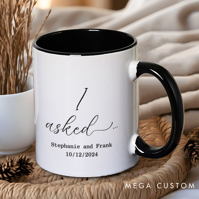 Personalized Minimalist I Asked and I Said Yes Engagement Announcement Matching Engagement Couple Mugs