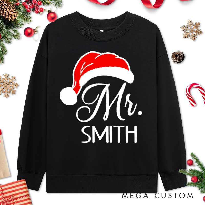 Personalized Couple Mr. and Mrs. with Santa Hats Christmas Sweatshirt Couple Xmas Matching Crewneck Sweatshirt for Husband Wife Boyfriend Girlfriend