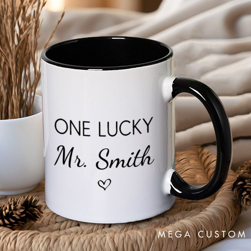 Personalized Minimalist One Lucky Mr and Soon To Be Mrs with Heart Engagement Couple Mugs
