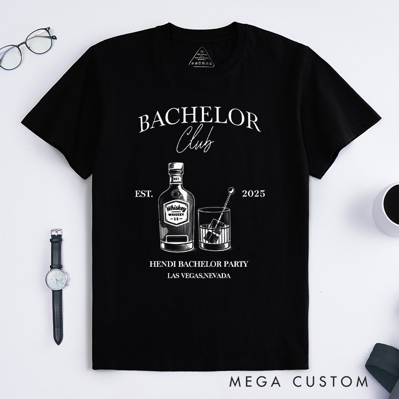 Personalized Groom Bachelor Club T-Shirt Whiskey Bottle & Glass Designed Shirts Groomsman Proposal Gift T-Shirt Wedding Party Favors Top for Best Man