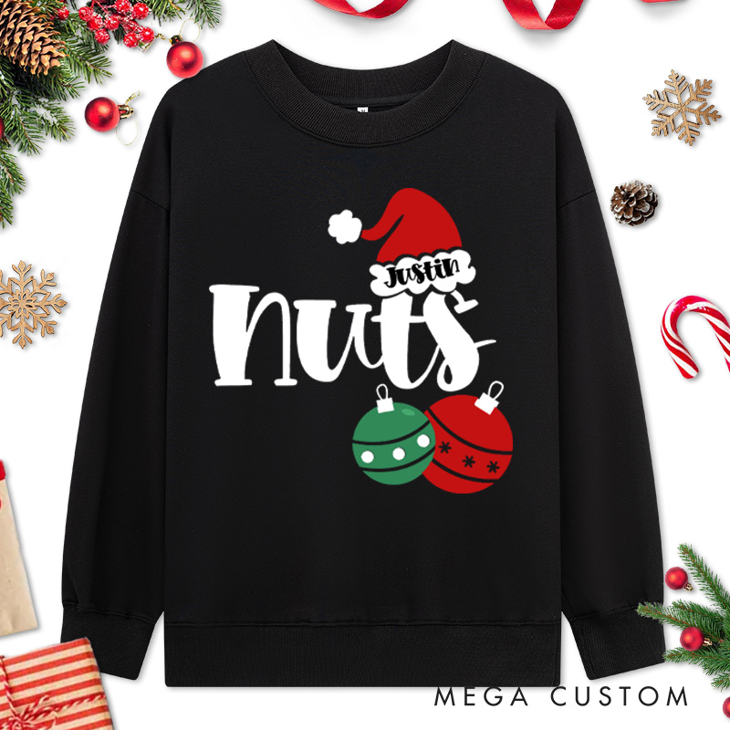 Personalized Couple Funny Nuts with Christmas Balls and Chest with Wreath Sweatshirt Couple Xmas Sweatshirt for Husband Wife Boyfriend Girlfriend