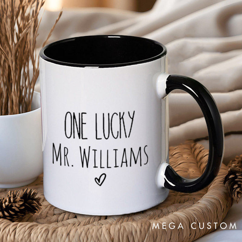 Personalized Minimalist Soon To Be Mrs and One Lucky Mr Engagement Couple Mugs