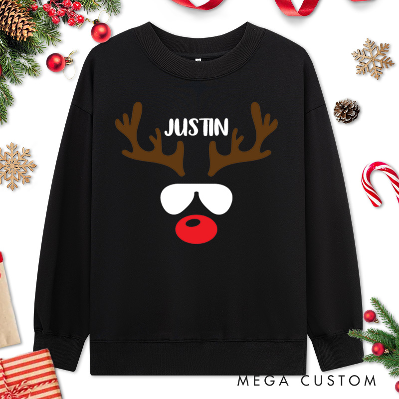 Personalized Couple Reindeer with Sunglasses and Reindeer with Bow Christmas Sweatshirt Xmas Matching Sweatshirt for Husband Wife Boyfriend Girlfriend