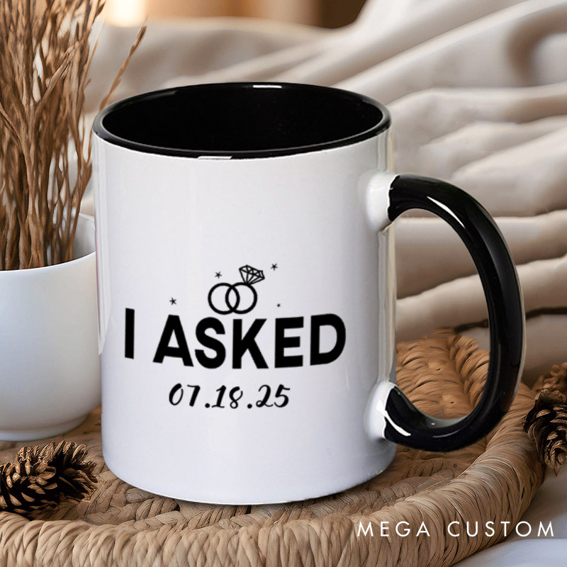Personalized Elegant I Asked and I Said Yes Engagement Announcement with Rings Engagement Couple Mugs