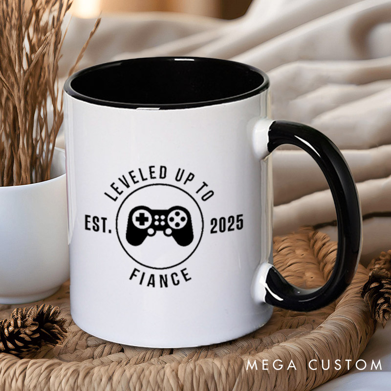 Personalized Leveled Up to Fiancée and Fiancé with Gaming Controller Engagement Couple Mugs
