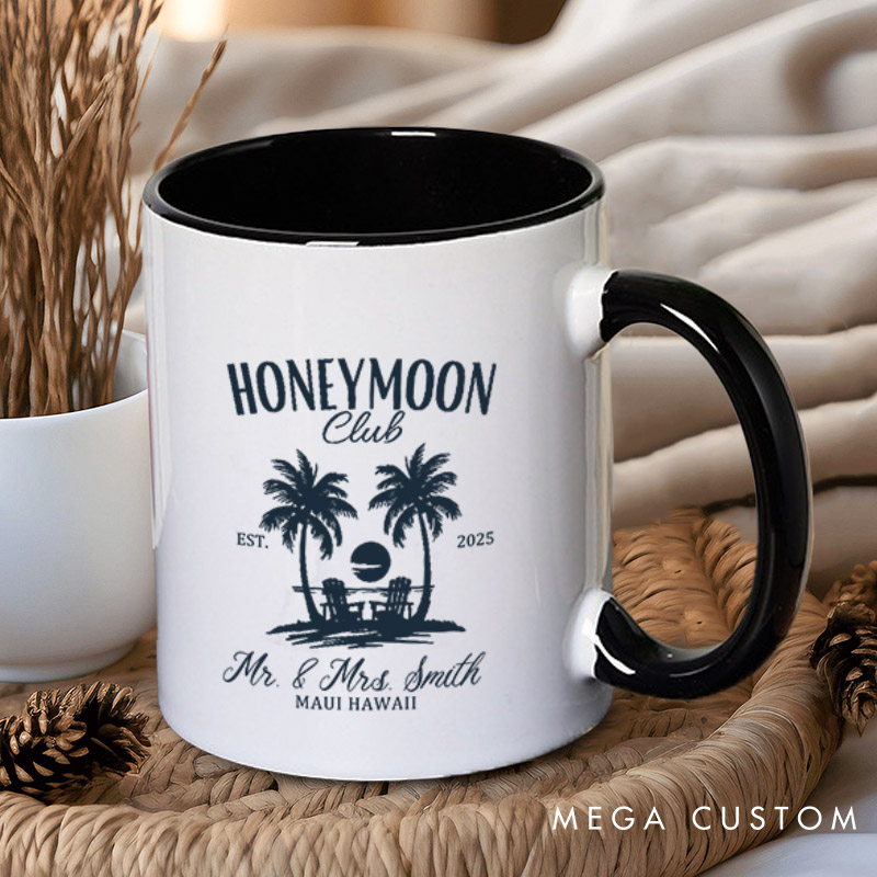 Personalized Vintage Tropical Honeymoon Club with Sunset Matching Honeymoon Couple Mugs