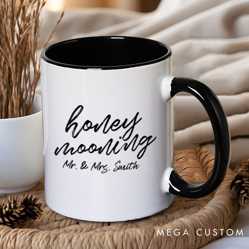 Personalized Minimalist Honeymooning with Name Matching Honeymoon Couple Mugs