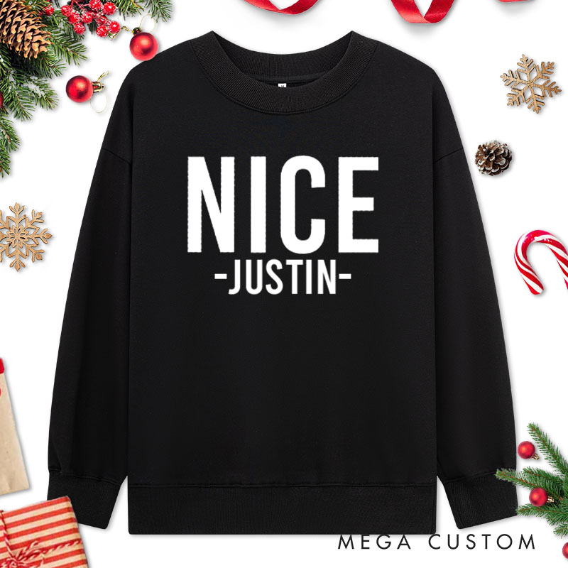 Personalized Couple Minimalist Nice and Naughty Christmas Sweatshirt Couple Xmas Crewneck Sweatshirt for Husband Wife Boyfriend Girlfriend