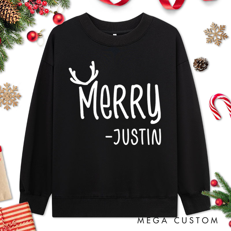 Personalized Couple Cute Merry and Christmas with Antler Sweatshirt Couple Xmas Crewneck Sweatshirt for Husband Wife Boyfriend Girlfriend