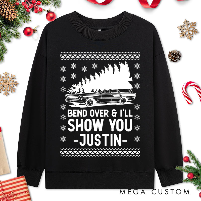 Personalized Couple Bend Over and I'll Show You Sweatshirt Xmas Truck Ugly Sweater Couple Matching Sweatshirt for Husband Wife Boyfriend Girlfriend