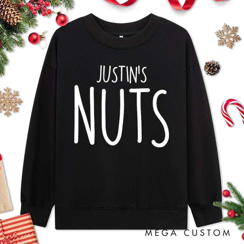 Personalized Couple Minimalist Nuts and Chest Christmas Sweatshirt with Name Xmas Matching Crewneck Sweatshirt for Husband Wife Boyfriend Girlfriend