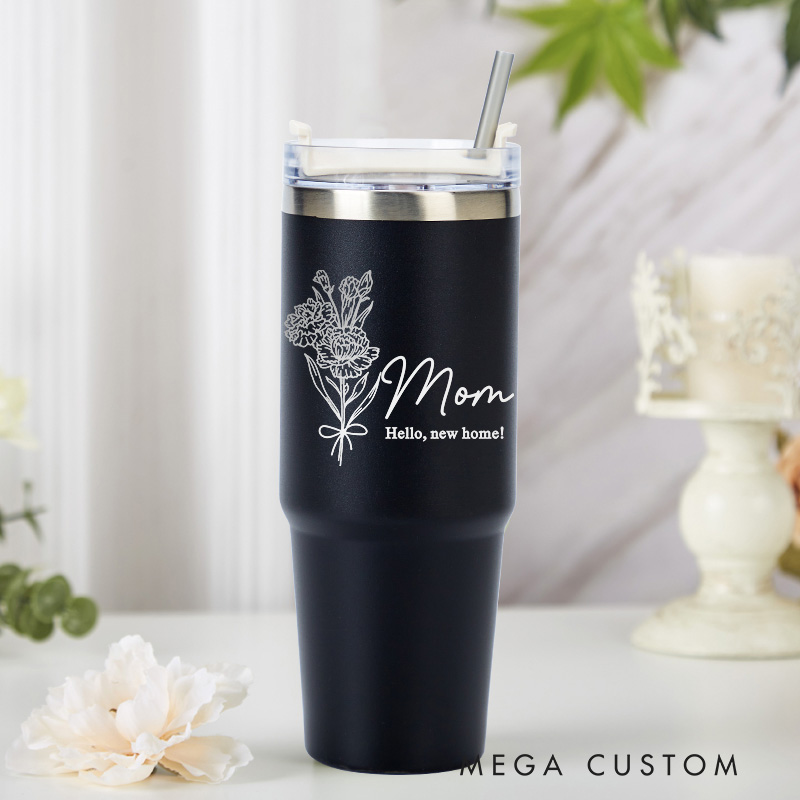 Personalized Tumbler with Straw Custom Floral Design for Mom Insulated Stainless Steel Cup Perfect for Housewarming Gifts Travel or Daily Use