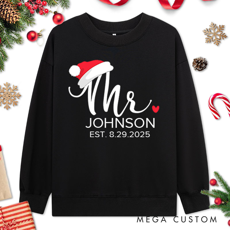 Personalized Couple Mr. and Mrs. with Santa Hats and Heart Christmas Sweatshirt Couple Xmas Matching Sweatshirt for Husband Wife Boyfriend Girlfriend