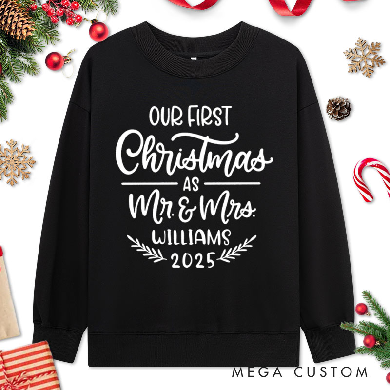Personalized Couple Our First Christmas as Mr. and Mrs with Wreath Sweatshirt Couple Xmas Matching Crewneck Sweatshirt for Husband Wife Hubby Wifey