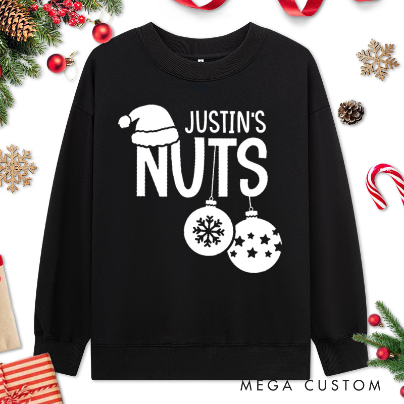 Personalized Couple Simple Nuts and Chest Christmas Sweatshirt with Name Xmas Matching Crewneck Sweatshirt for Husband Wife Boyfriend Girlfriend