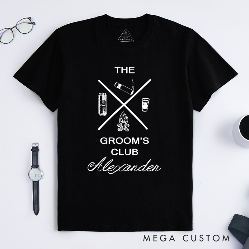 Personalized Rustic Bachelor Party Icon Design Beer Cigars Shots And Campfire Shirt for Groom Crew Wedding Party Favors Shirt for Best Man