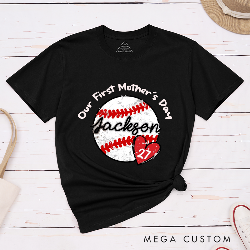 Personalized Our First Mother's Day Cute Baseball Fan Gift Heart Design Classic T-shirt