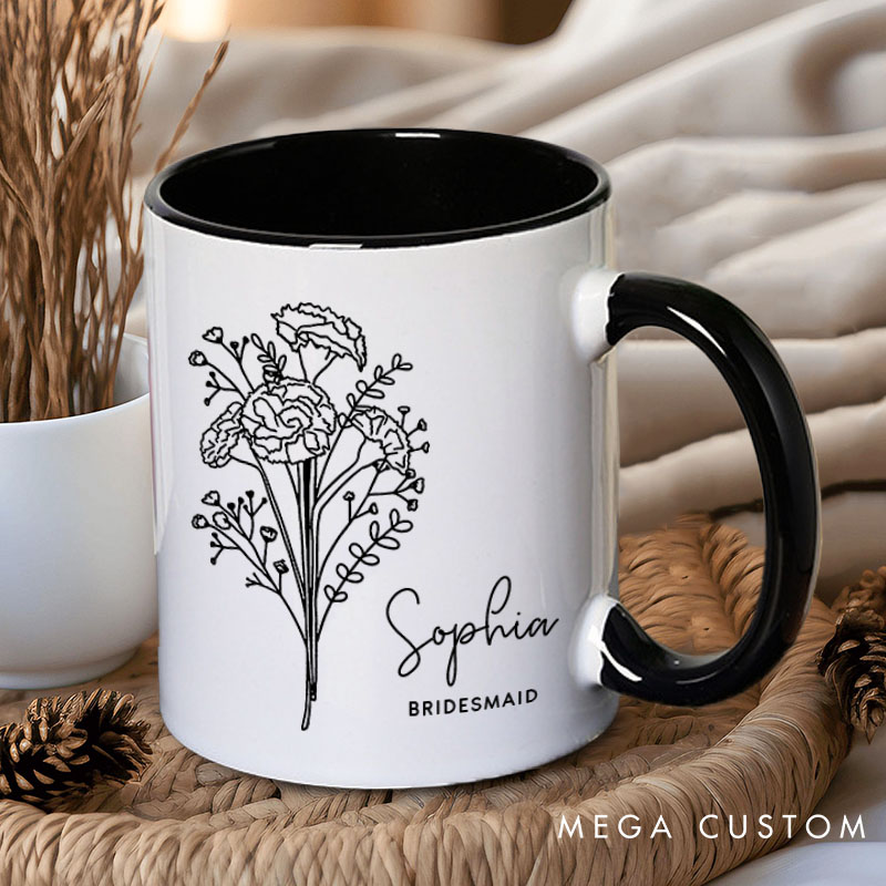 Personalized Elegant Bridesmaid Birth Flower Mug Maid of Honor Month Flower Mug Bachelorette Party Mug Mother of the Bride Groom Mug Bridal Shower Mug