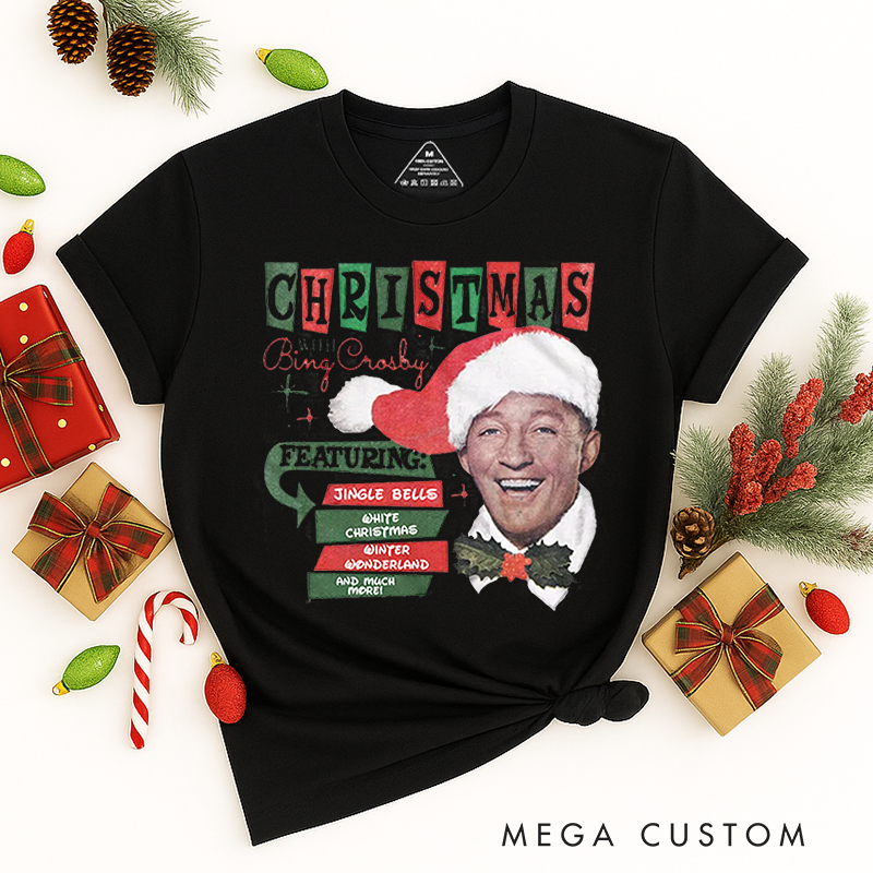 Personalized Classic T-Shirts Bing Crosby Christmas Hat and Songs White Tee