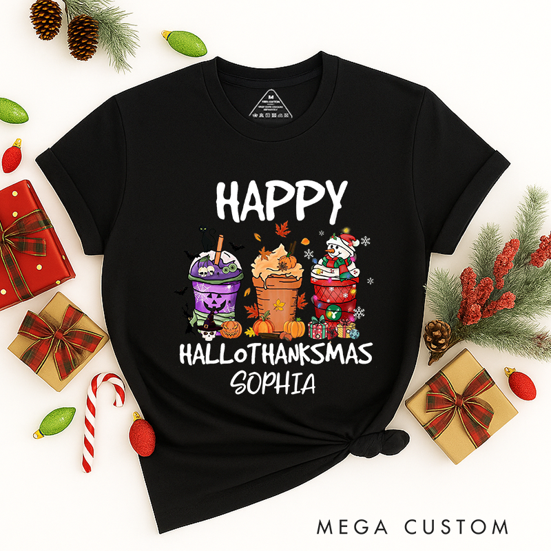 Personalized Classic T-Shirts Happy Hallothanksmas and Christmas Tee Coffee Pumpkin Spice Iced Tee