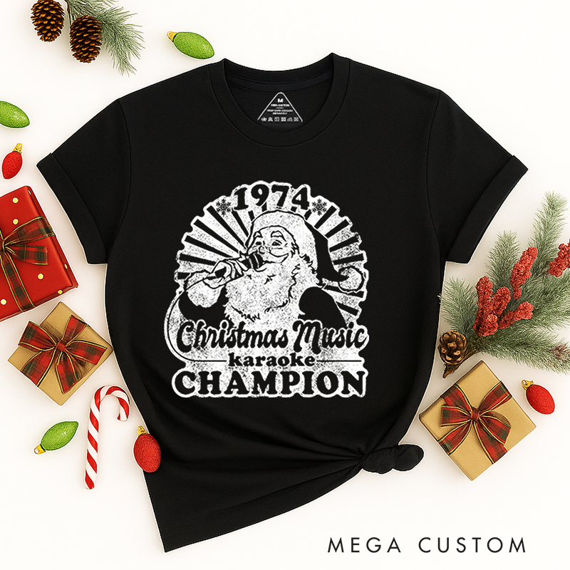 Personalized Classic T-Shirts Santa Face Christmas 1974 Tee Christmas Music Karaoke Champion Christmas Music Lover Tee