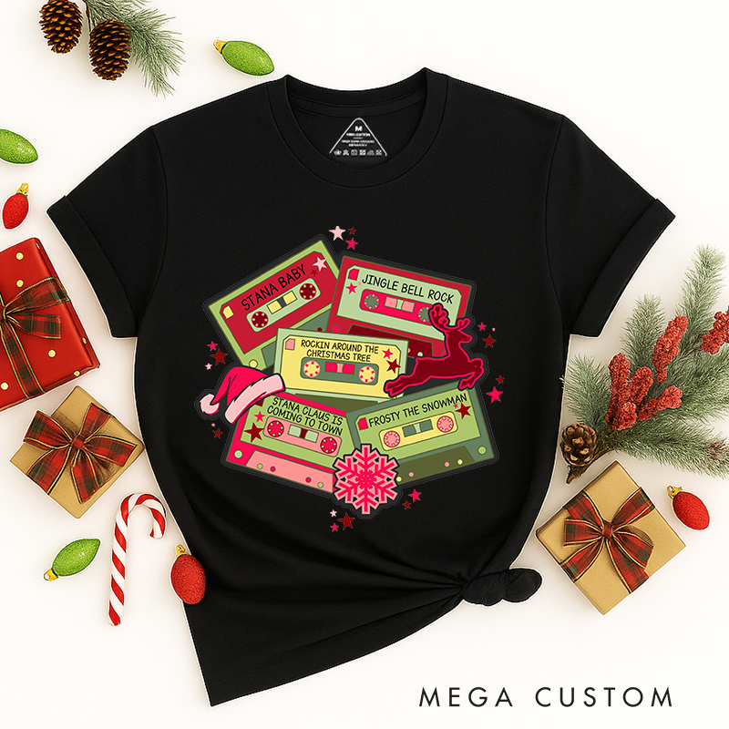 Personalized Classic T-Shirts Christmas Music Cassette Tapes Tee Christmas Songs and Party Tee Retro Music Cassette Tapes