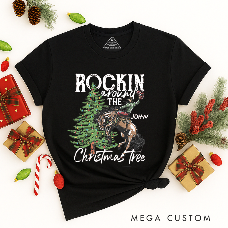 Personalized Classic T-Shirts Rocking Around the Christmas Tree Tee Retro Christmas Western Cowboy Christmas Tee