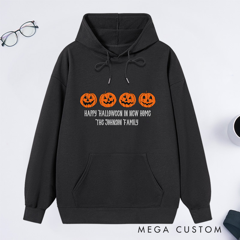 Personalized Hoodie Happy Halloween in New Home Design Custom Family Name Pumpkin Theme Comfortable Sweatshirt for Housewarming Halloween Gift