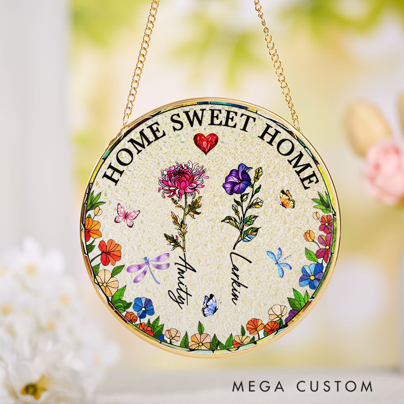 Personalized Housewarming Suncatcher Home Sweet Home Design Custom Names and Floral Suncatcher New Home Decor for Couple Gifts for Newlyweds