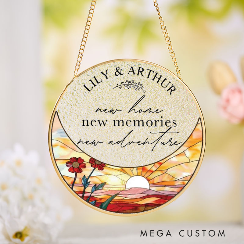 Personalized Housewarming Suncatcher New Home New Memories New Adventure Design Custom Names and Sunset Theme Stained Glass Style Decorative Gift