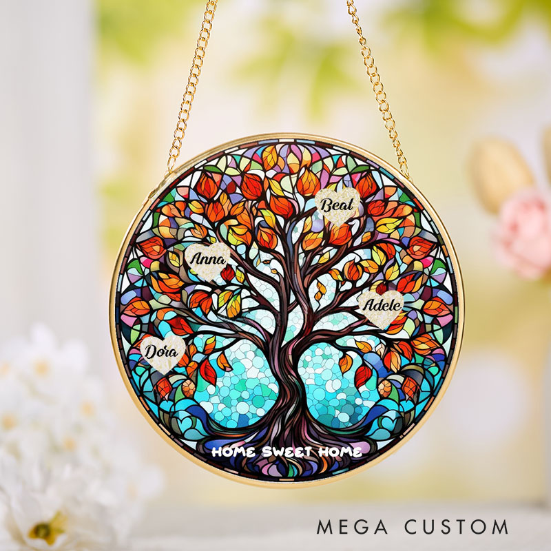 Personalized Housewarming Suncatcher Home Sweet Home Design Family Tree Theme with Custom Names Stained Glass Style Decorative Gift