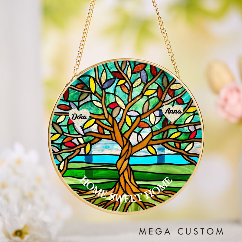 Personalized Housewarming Suncatcher Home Sweet Home Design Vibrant Family Tree Theme with Custom Names Stained Glass Style Decorative Gift