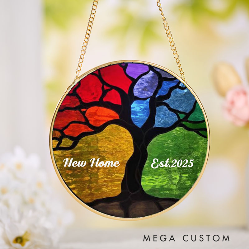 Personalized Housewarming Suncatcher New Home Est 2025 Design Colorful Tree Theme Stained Glass Style Decorative Gift Housewarming Window Hanging