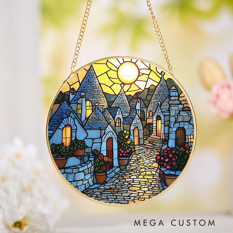Personalized  Sunset Village Faux Stained Glass Suncatcher Round Window Hanging Decor Cozy Cottage Gift For Her Or Housewarming