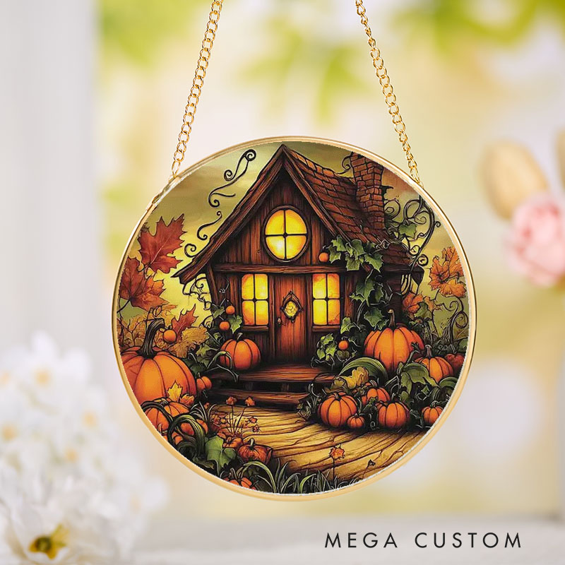 Personalized Pumpkin Cottage Suncatcher Stained Glass Window Hanging Cozy Fall Decor Halloween Gift for Her Or Home Housewarming Window Hanging