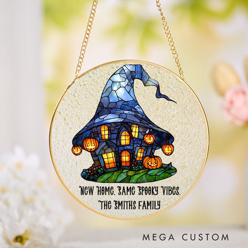 Personalized Witch Hat House Glass Suncatcher Window Hanging Decoration Halloween Home Decor with Pumpkins Fall Window Ornament New Home Decor