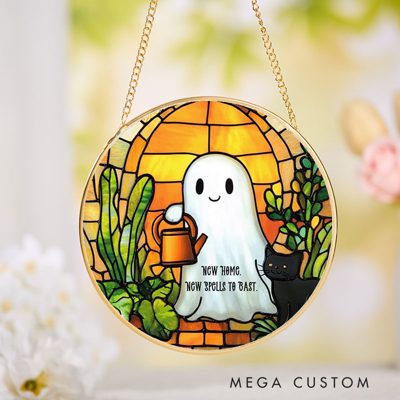 Personalized Housewarming Suncatcher New Home New Spells to Cast Design Cute Ghost and Black Cat Theme Stained Glass Style Decorative Gift Halloween