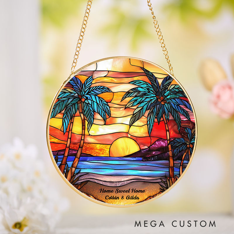Personalized Sunset Beach Stained Glass Suncatcher Beach Glass Window Hangings Beach House Decor Holiday Gifts Housewarming Gift for Mom Grandma