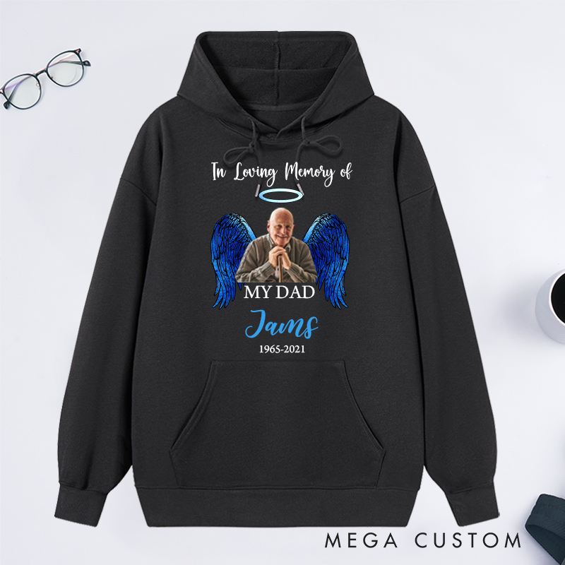 Personalized in Loving Memory Hoodie Custom Photo Name Date Sympathy Gift for Loss of Father Angel Wings Sweatshirt 