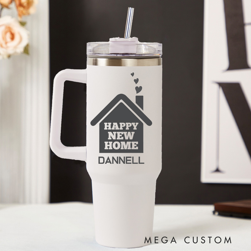 Personalized Happy New Home Design 40oz Tumbler with Handle and Straw Custom Housewarming Gift Cup Perfect for New Homeowners or Moving Celebration