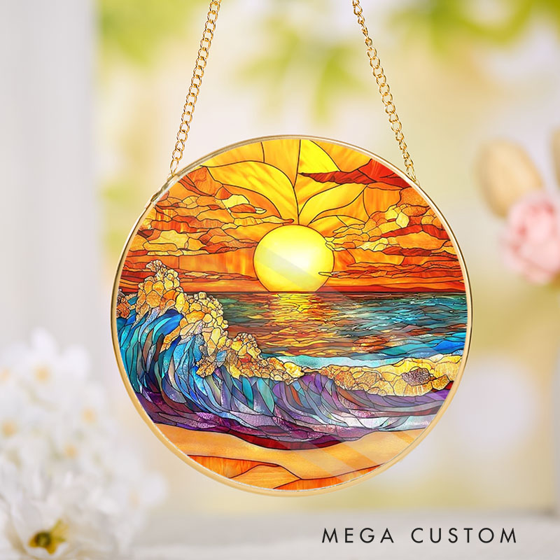 Personalized Housewarming Suncatcher Home Sweet Home Design Tropical Sunset and Beach Theme with Custom Names Stained Glass Style Decorative Gift