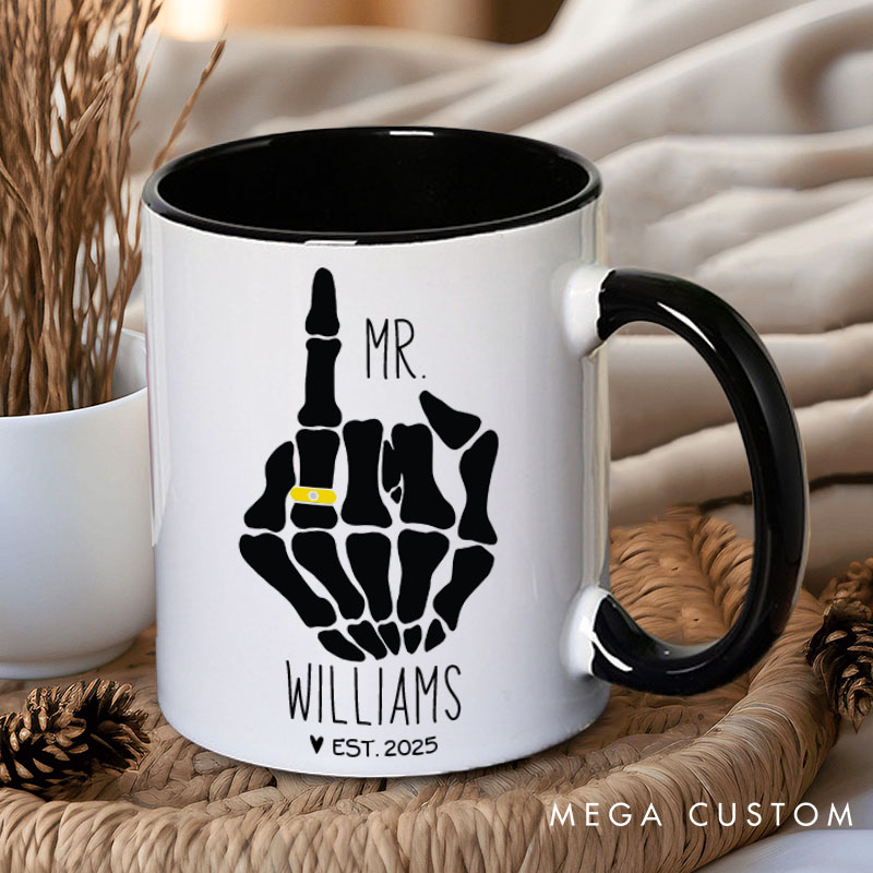 Personalized Couple Wedding Mr. and Mrs. with Skeleton Hand Mug Custom Engagement Mug with Name Valentine's Day Mug for Husband Wife Hubby Wifey