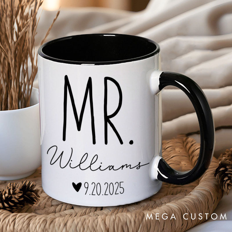 Personalized Couple Classic Mr. and Mrs. Mug with Name and Date Newlywed Mug for Her Him Valentine's Day Mug for Husband Wife Hubby Wifey